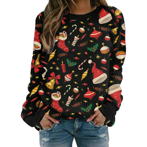 Mikey Store Womens Christmas Snowman Elk Print Long Sleeves Tops Sweatshirts Blouse 